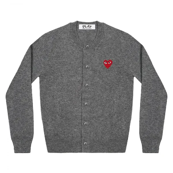PLAY CDG Round Neck Cardigan Red Emblem - Grey