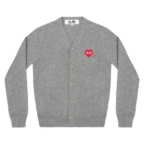 PLAY CDG V-Neck Cardigan Invader Emblem - Grey