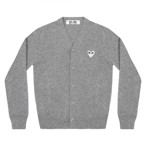 PLAY CDG V-Neck Cardigan White Heart - Light Grey