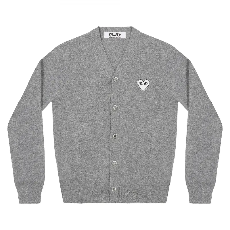 PLAY CDG V-Neck Cardigan White Heart - Light Grey PLAY CDG V-Neck Cardigan White Heart - Light Grey