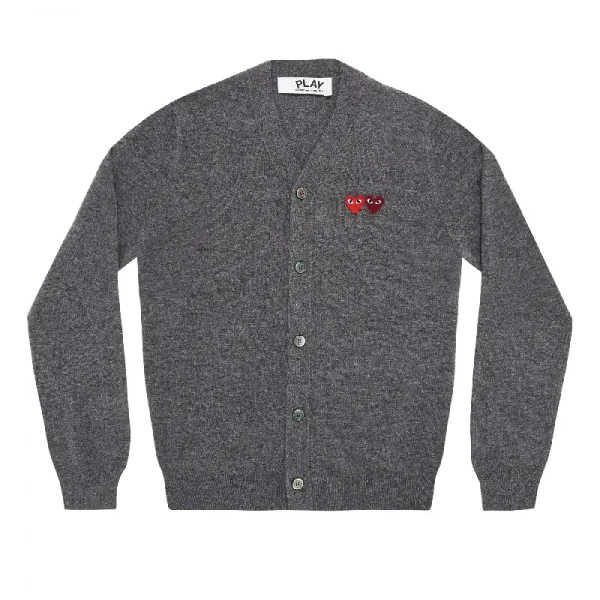 PLAY CDG V-Neck Cardigan with Double Emblems - Grey