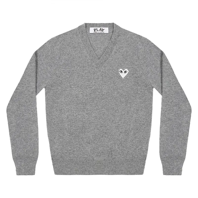 PLAY CDG V-Neck Pullover White Heart - Grey PLAY CDG V-Neck Pullover White Heart - Grey
