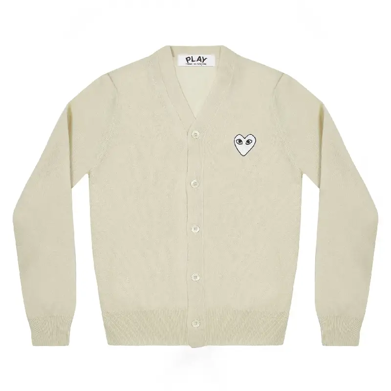 PLAY CDG V-Neck Cardigan White Heart - Off White PLAY CDG V-Neck Cardigan White Heart - Off White