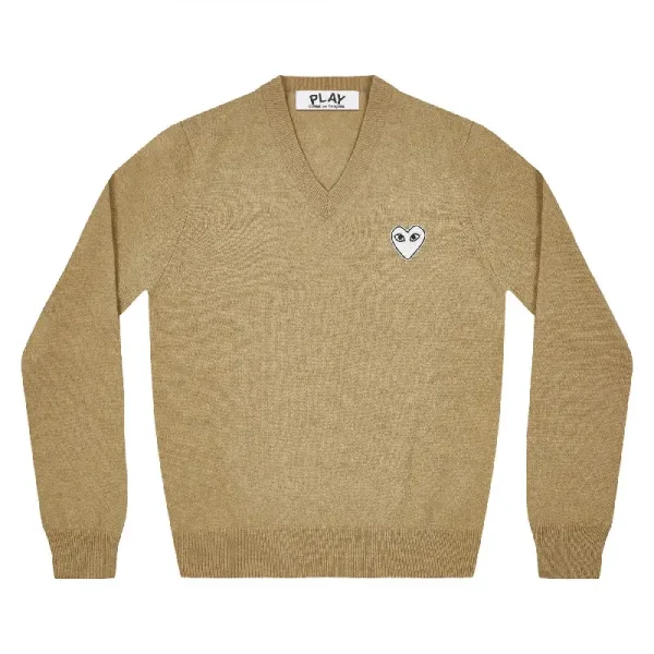 PLAY CDG V Neck Pullover White Heart - Camel